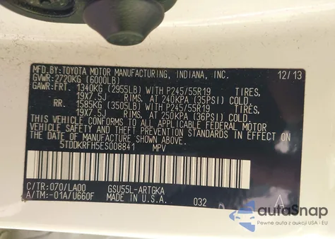 2014 Toyota Highlander Limited V6 from USA, damaged, VIN 5TDDKRFH5ES008841